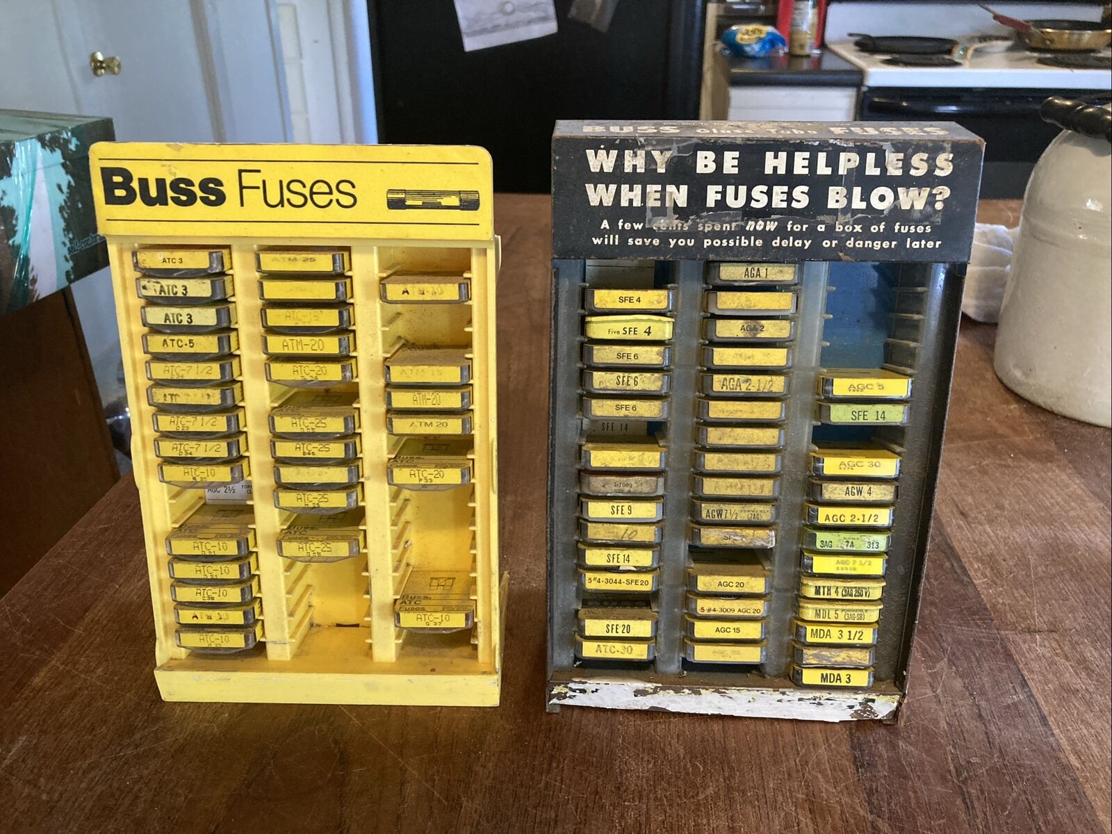 2 Vintage Buss Glass Fuse Displays. Advertising Gas Station Rack. 100’s Of Fuses