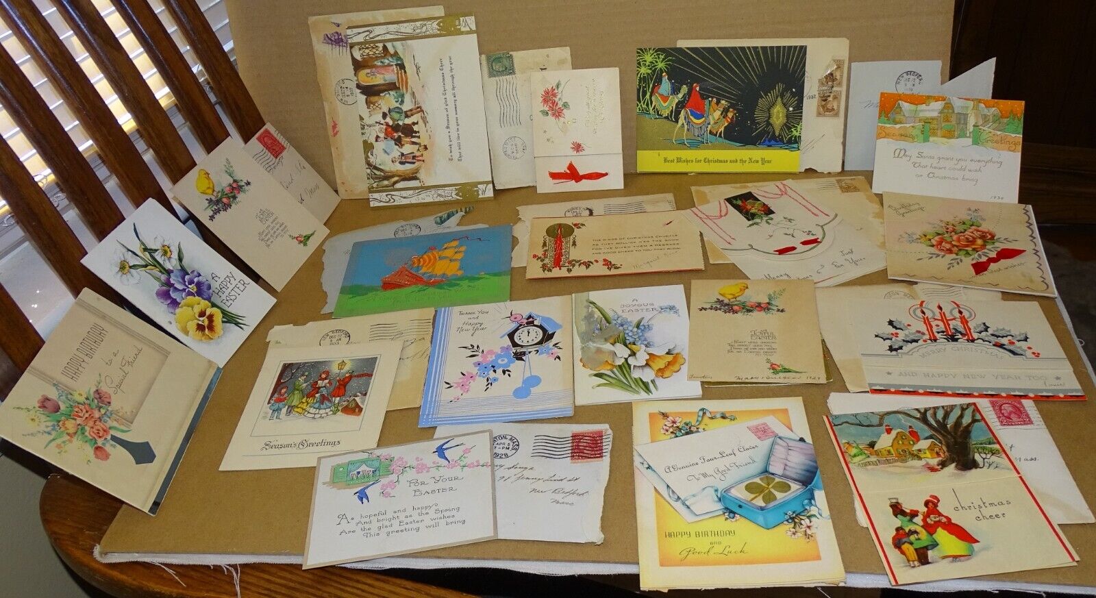 21 Christmas/Easter/Birthday Cards 1930s (used, removed from scrapbook)