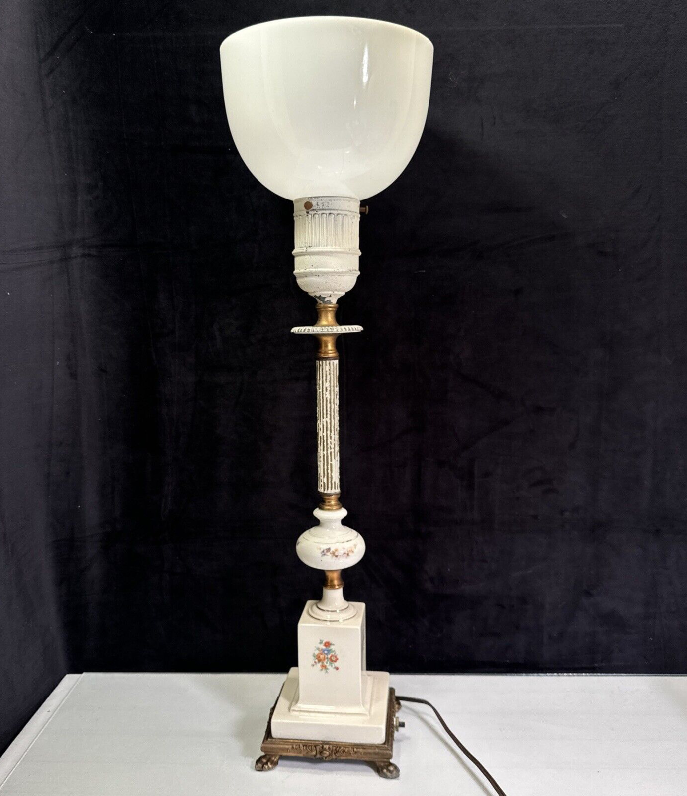 LARGE Vintage French? Ceramic Bronze Column Torchiere Table Lamp Glass Shade 27”