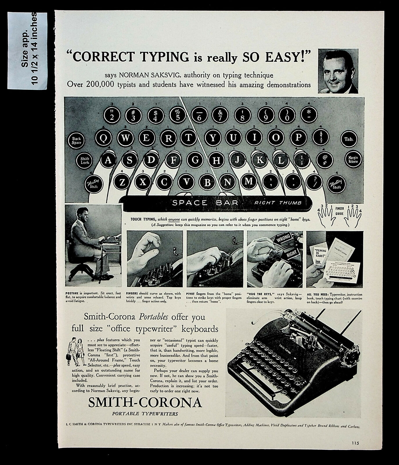 1947 Smith-Corona Portable Typewriter Correct Typing Keys Vintage Print Ad 30250