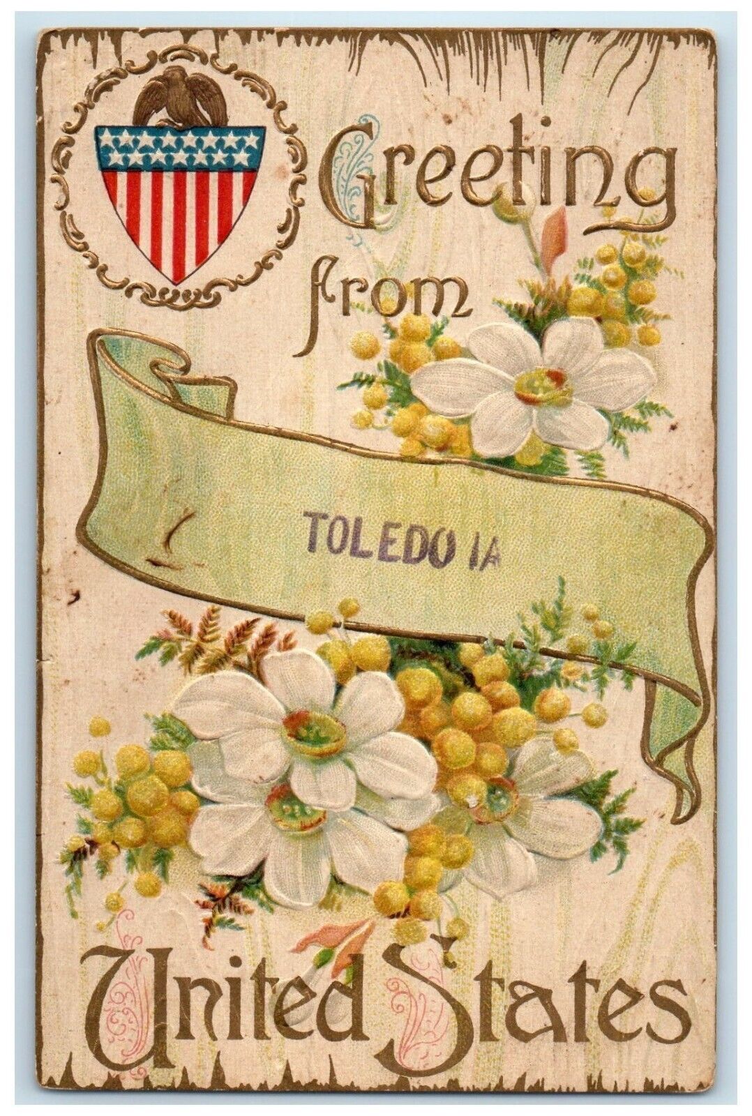 1912 Greetings From Toledo Iowa IA Flowers Embossed Posted Antique Postcard