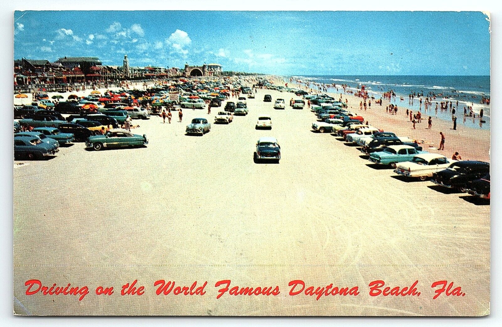 1950s DAYTONA BEACH FL DRIVING ON BEACH OLD CARS OCEANVIEW POSTCARD P3029