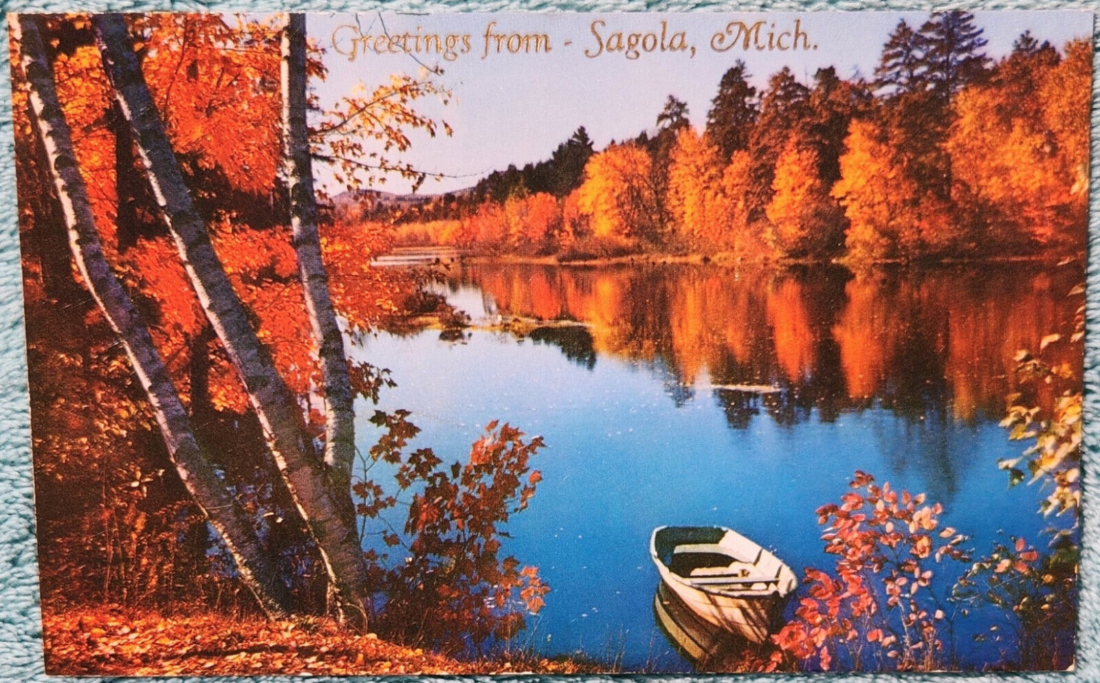 Autumn Leaves Surround A Lake Sagola Michigan 1950\'s Unused Vintage Postcard