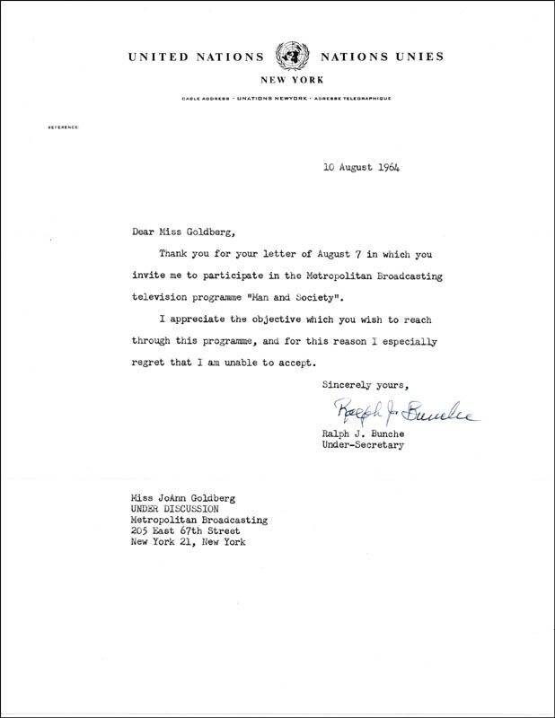 RALPH J. BUNCHE - TYPED LETTER SIGNED 08/10/1964