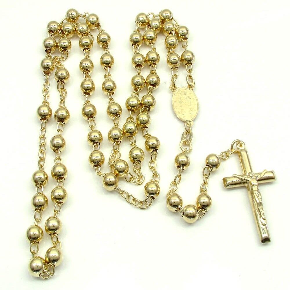 Mens 14K Yellow Gold 6MM Crucifix Chain Rosaries Necklace Cross Pendant 26\