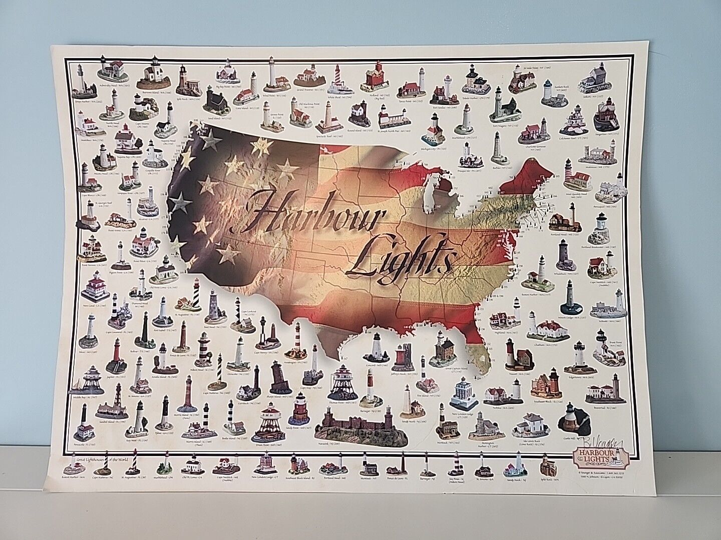 Rare Harbour Lights Lighthouse Geographic Site & # Collection Map Signed By BY