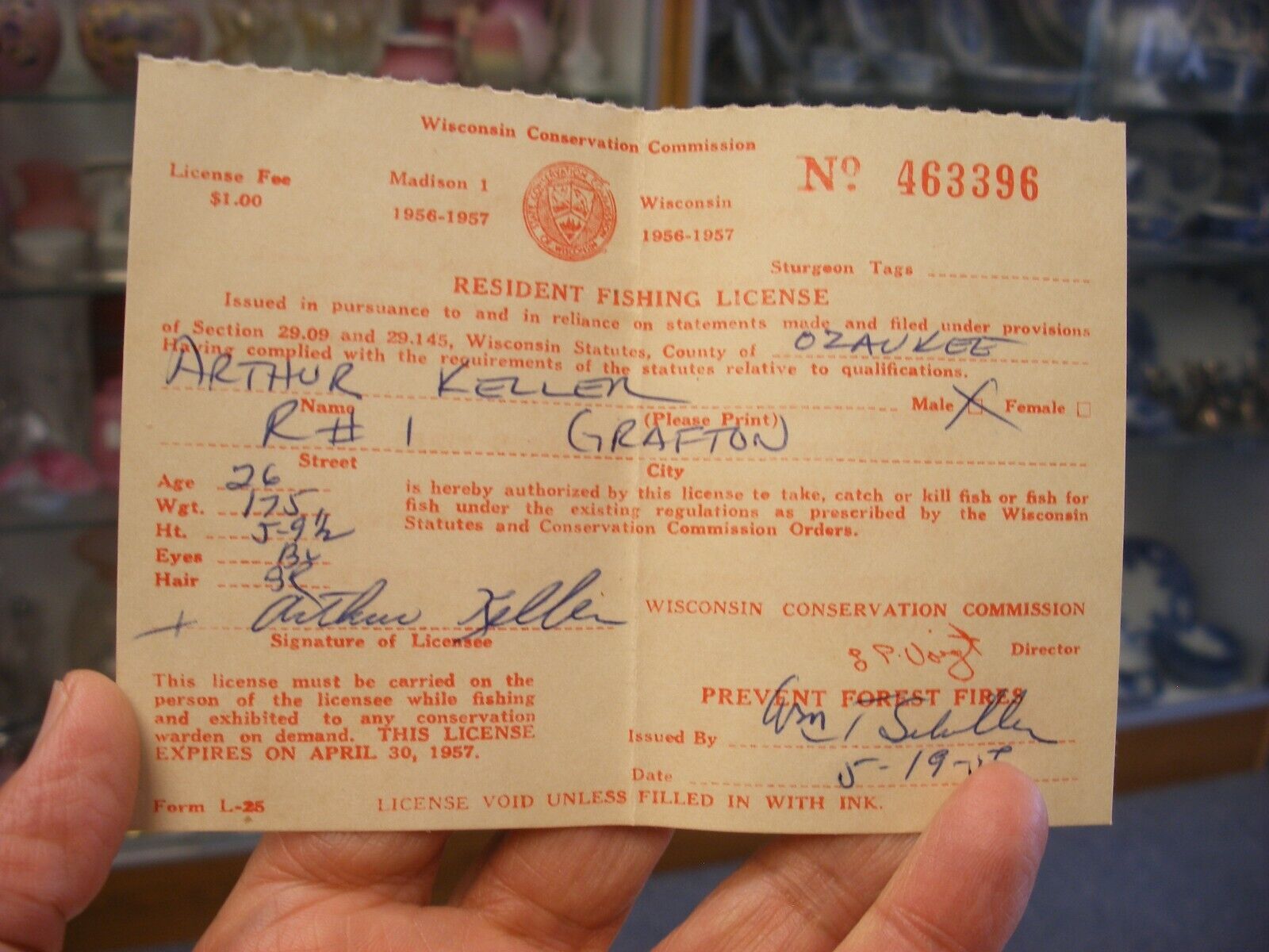 Vintage 1956-57 Ozaukee County Wisconsin Fishing License