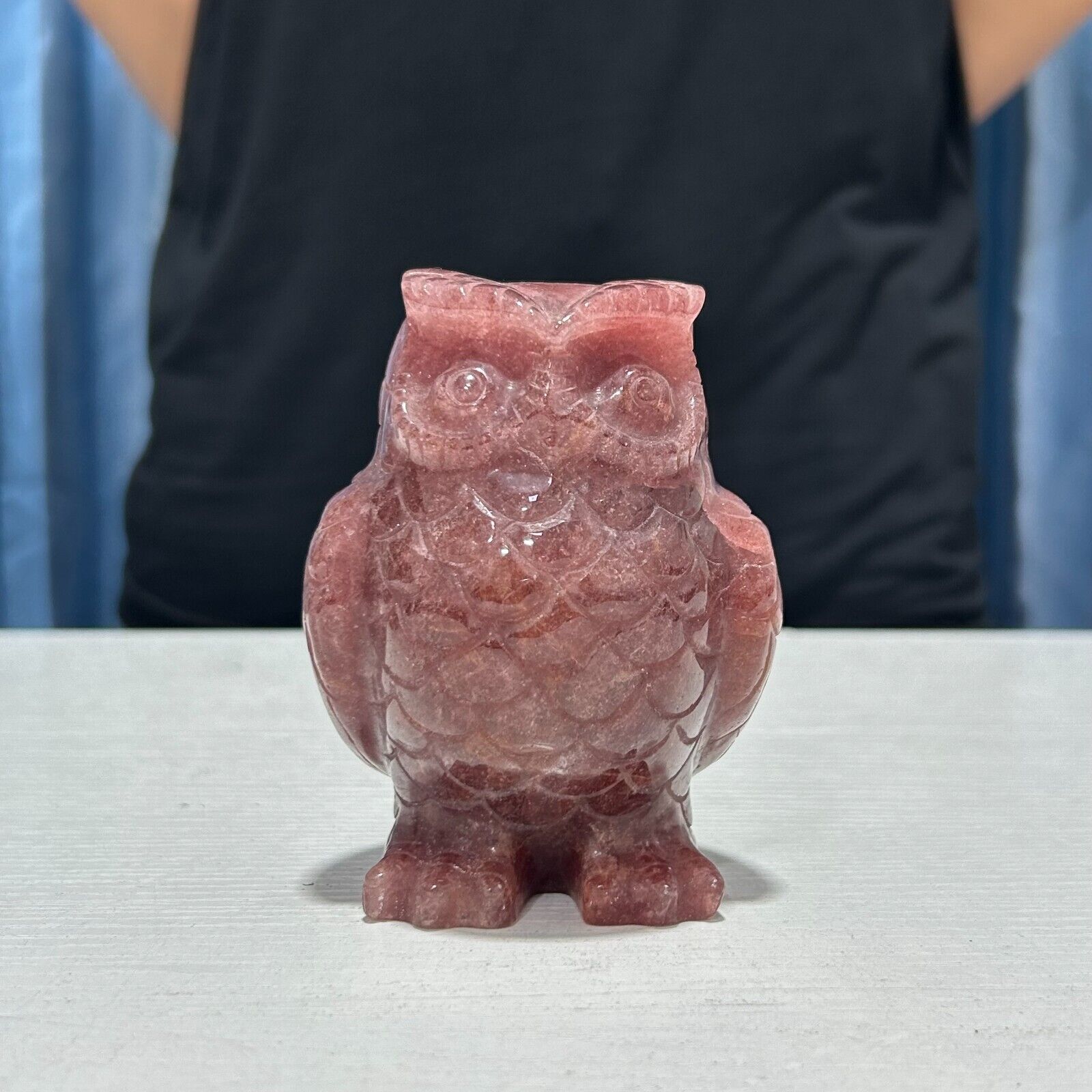 1.5LB 3.9''Natural Strawberry Quartz Owl Statue Crystal Carving Healing Decor