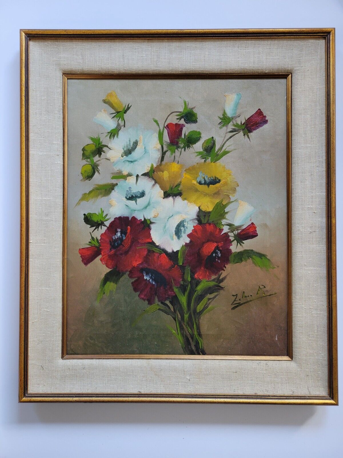 Mid Century Floral Oil on canvas , Signed .