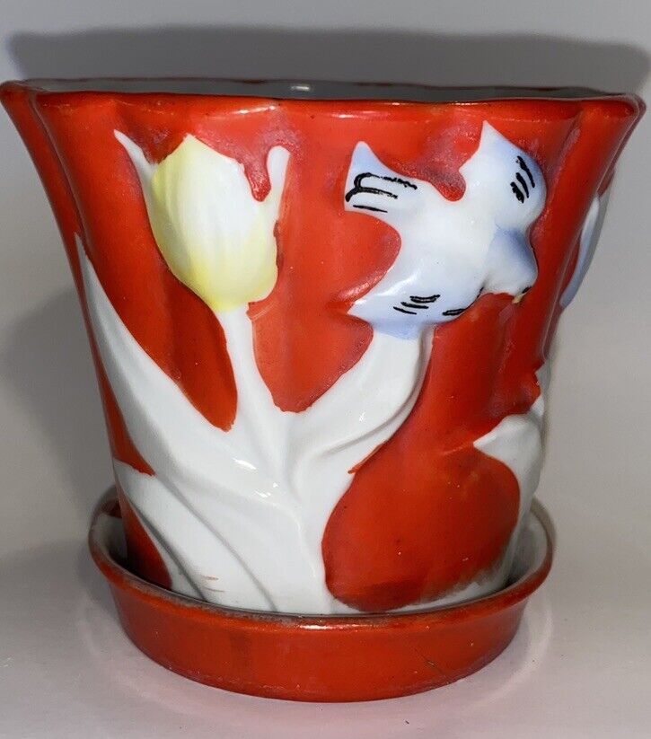 Vintage 1940’s Goldcastle Hand Painted Porcelain 3D Tulip/Bluebird Planter Pot