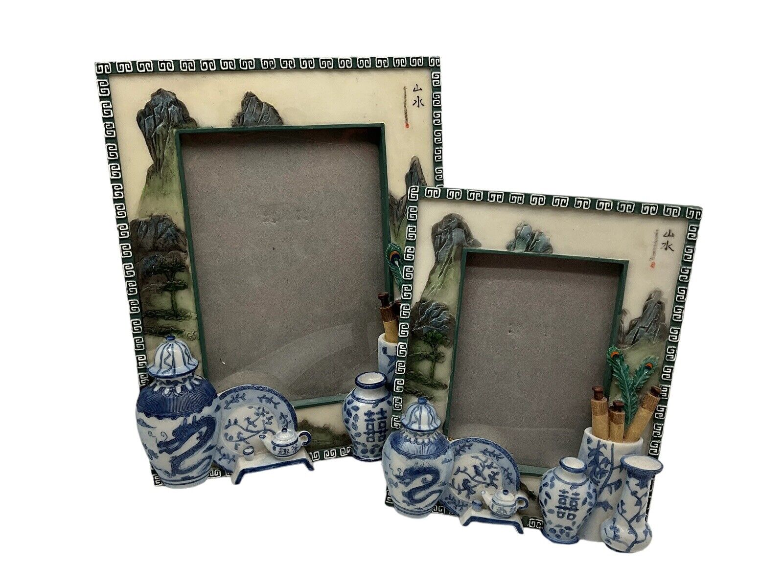 A. Richesco Corp. Hand Painted 3D Resin Picture Frames W/Blue White Asian Decor