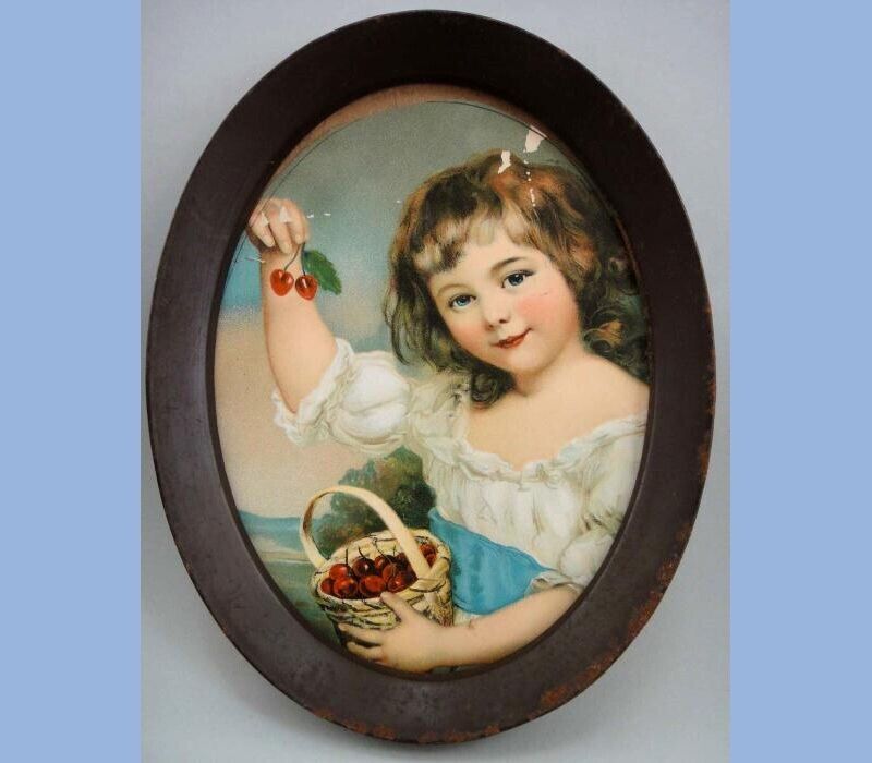 vintage antique METAL FRAME w VICTORIAN GIRL+CHERRIES LITHOGRAPH COLOR PRINT 