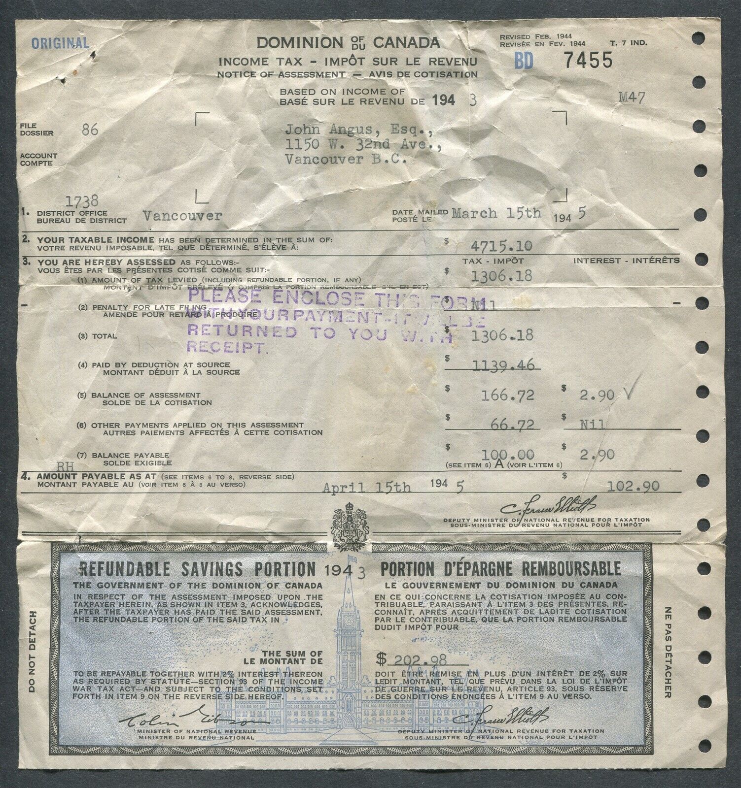1945 Dominion of Canada Income Tax Documents