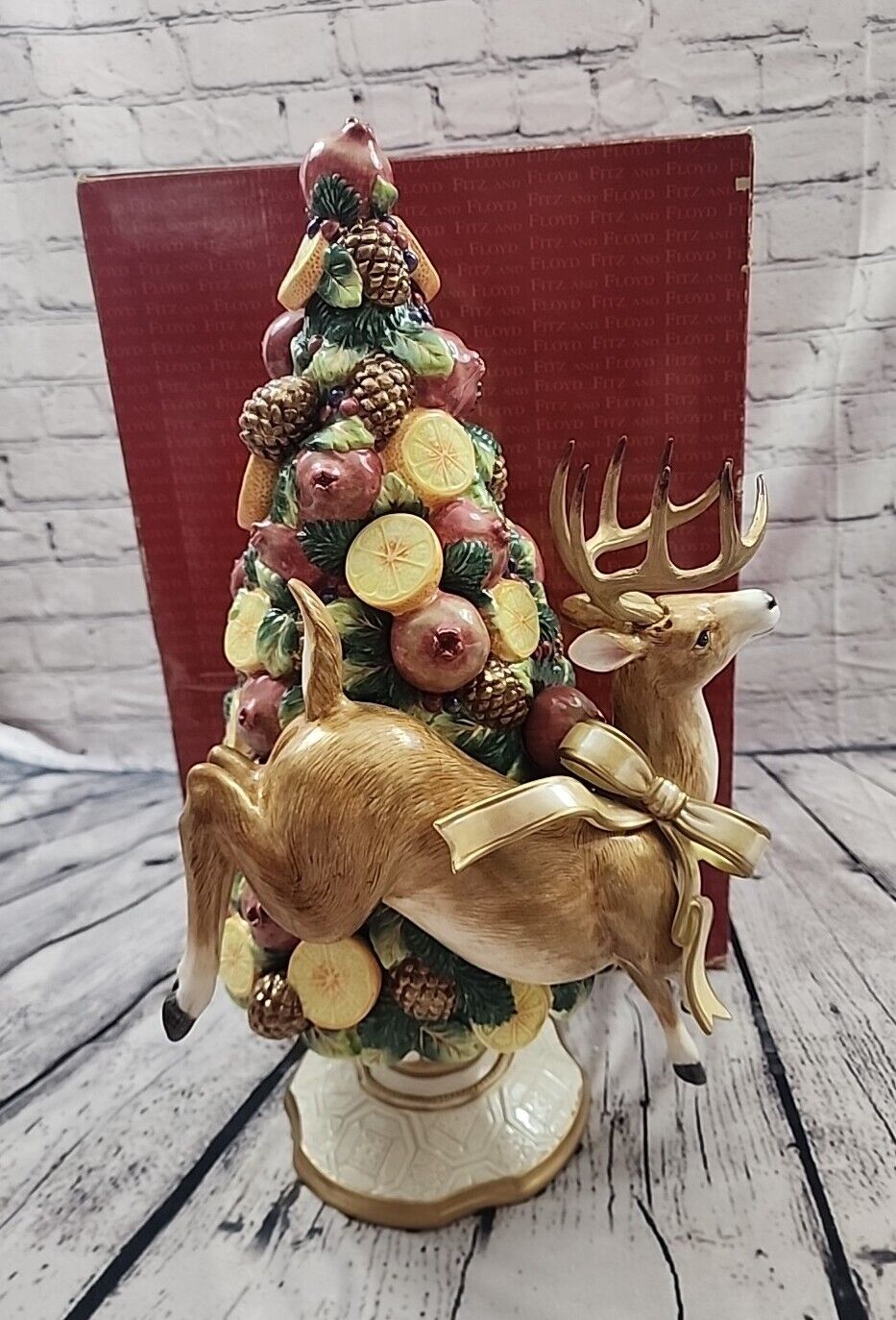 NEW RARE Fitz & Floyd Classics Winter Spice Deer/Topiary Figurine Candle Holder