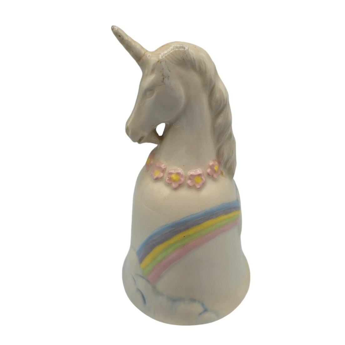 Vintage 1983 Enesco Porcelain Unicorn Bell with Flowers Rainbow & Cloud