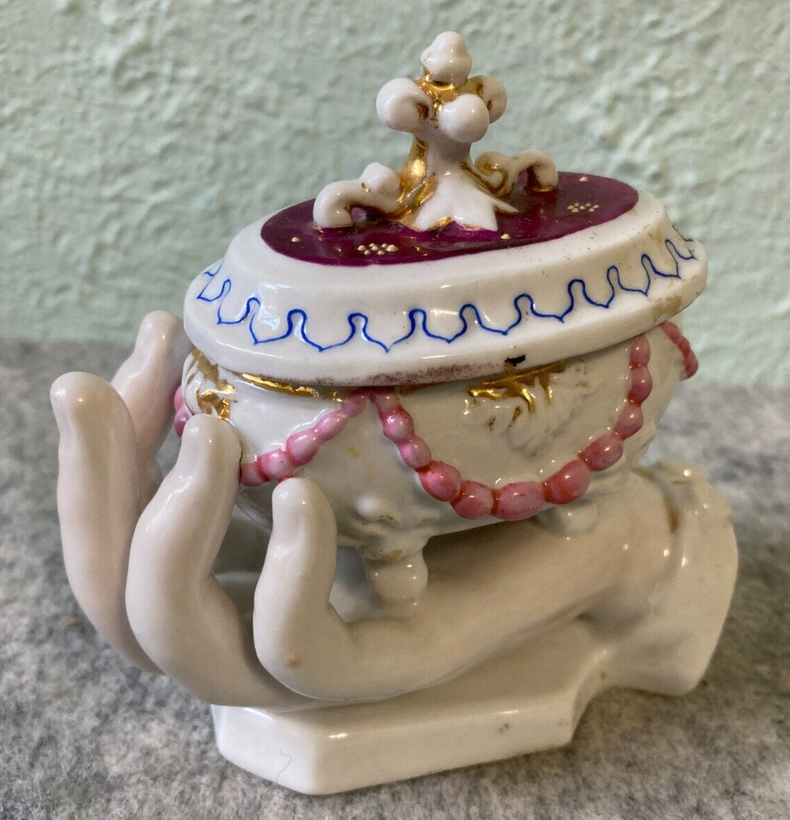 Antique Victorian German Fairing Hand Holding Trinket Box Conta Boehme Porcelain