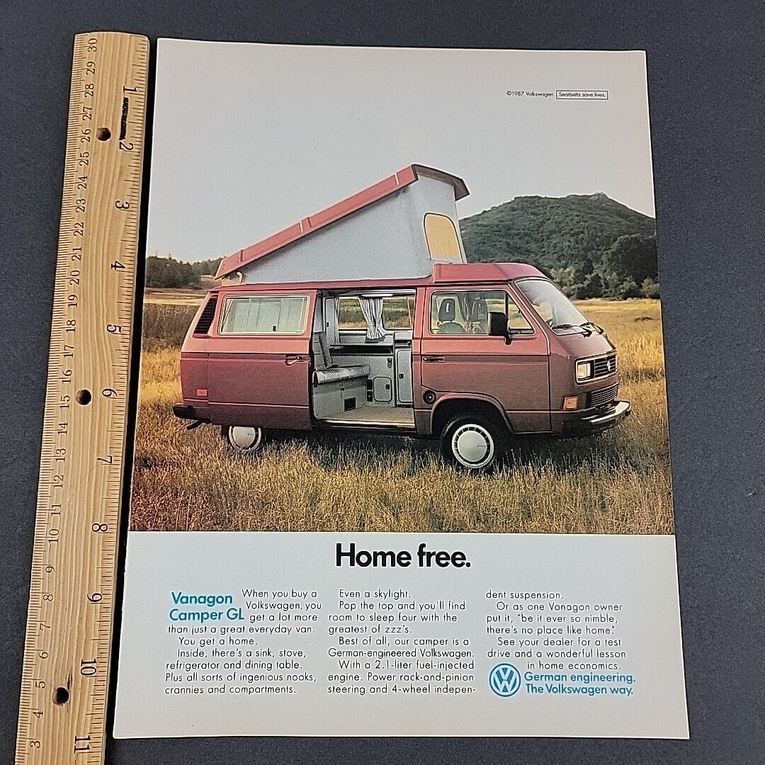 Vtg 1987 Print Ad VW Vanlife Vanagon Camper GL Home Free Van Life Travel Camp