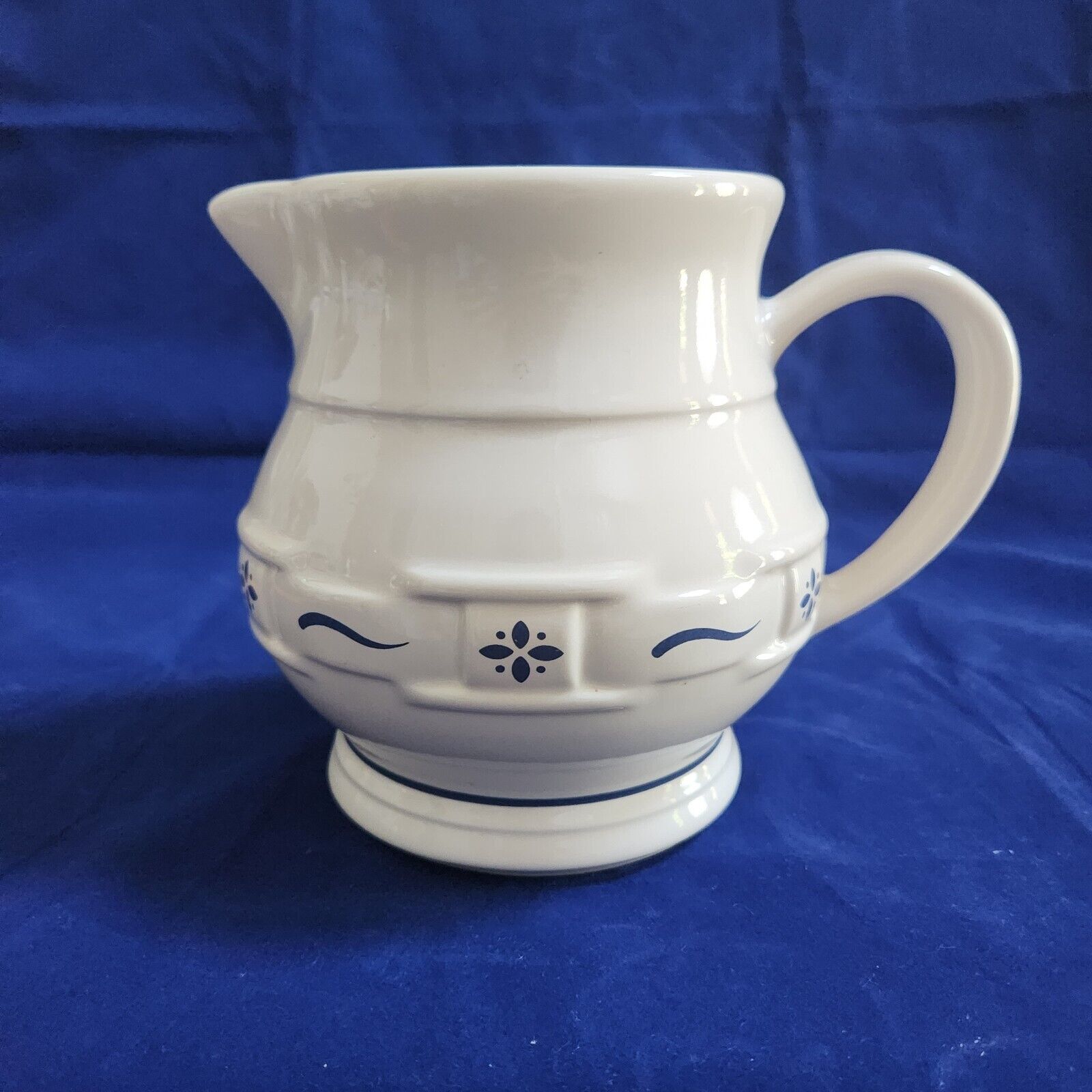 Longaberger Pottery Woven Traditions Blue Juice Pitcher 6” Vase Embossed Base