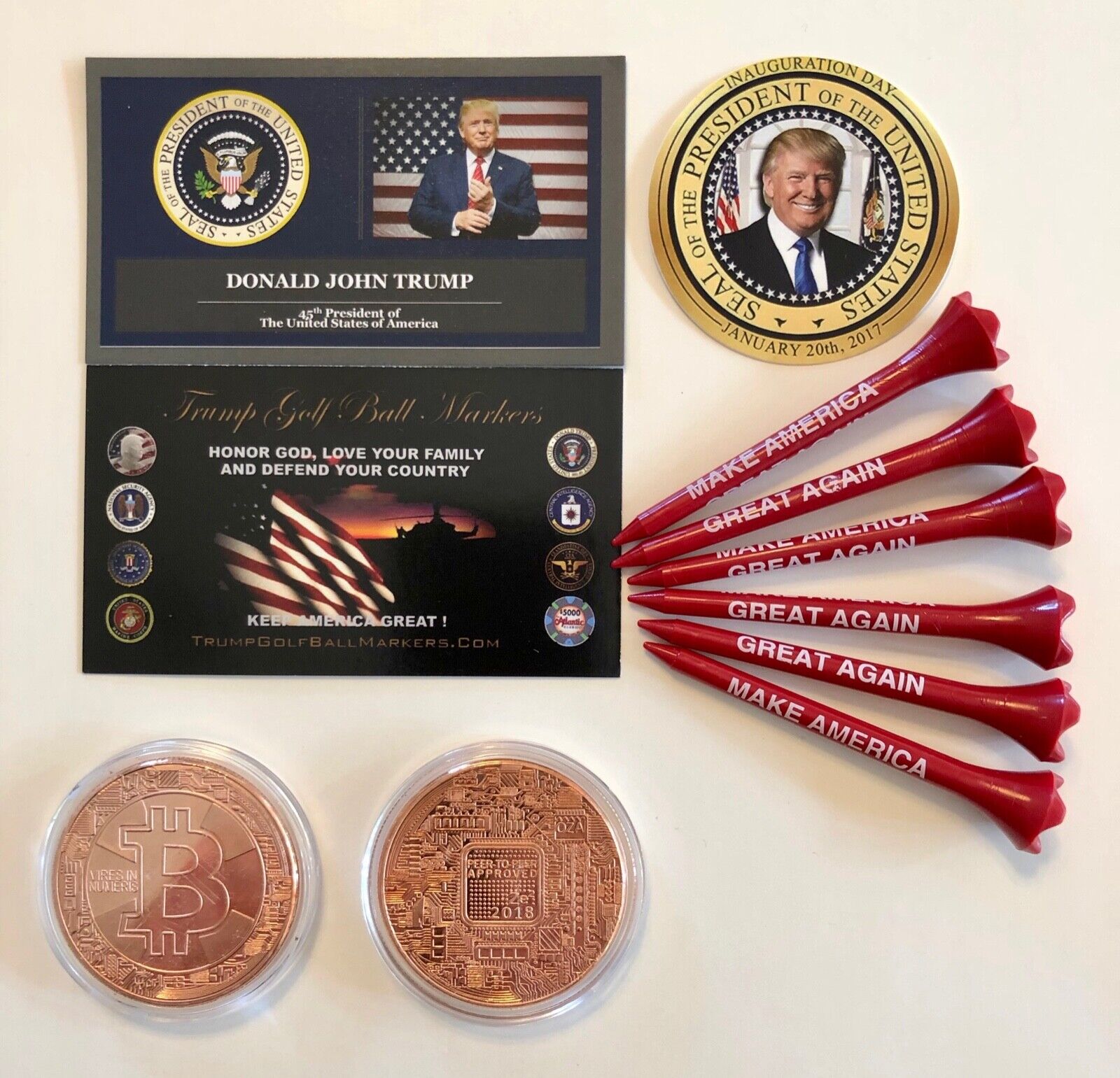 Trump Golf Ball Marker Coin & Tee Set... Bit Coin - Solid Copper  + 1 Decal