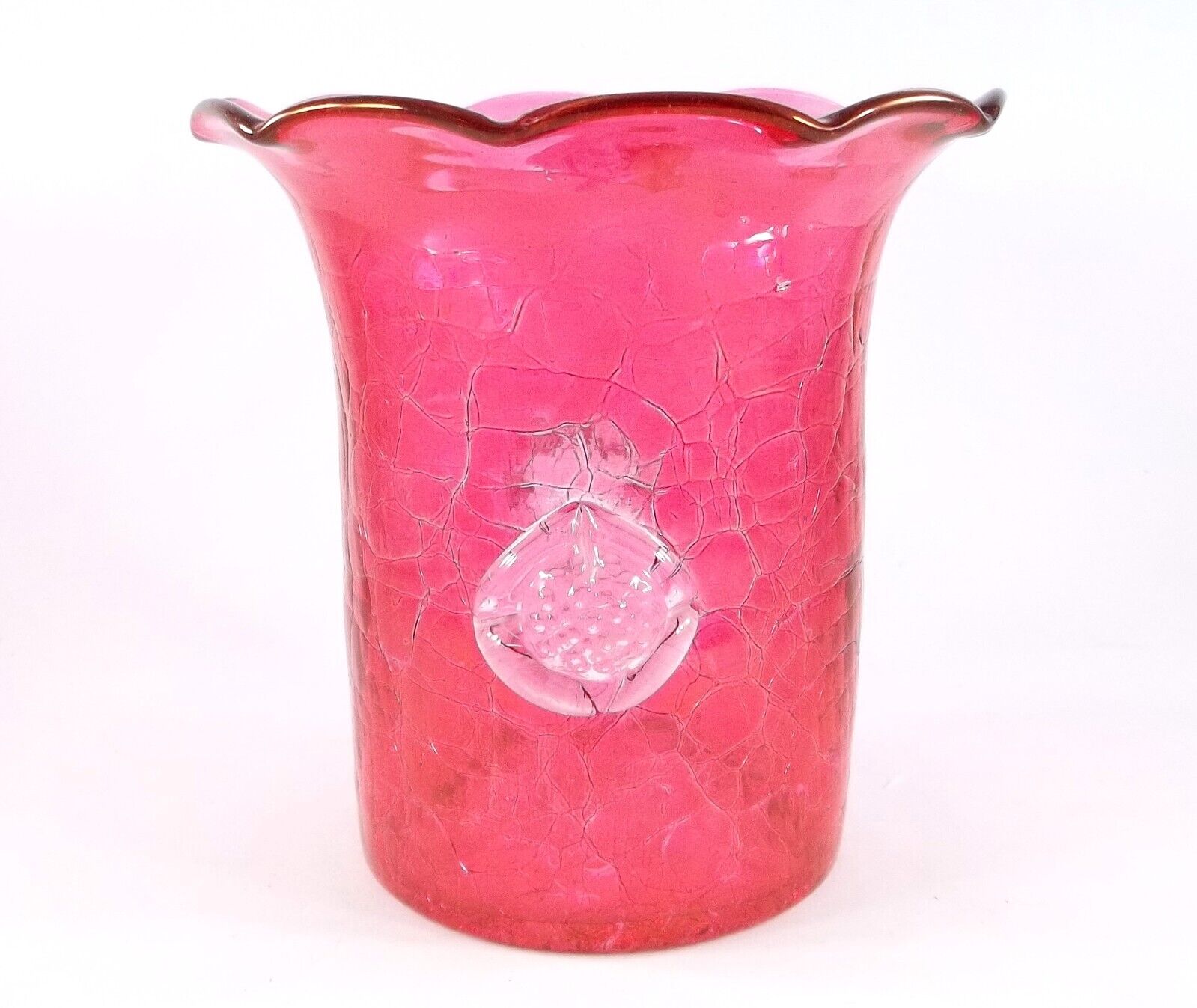 Hand Crafted Red Crackle Glass Vase With Rosettes, Probably WWII Era