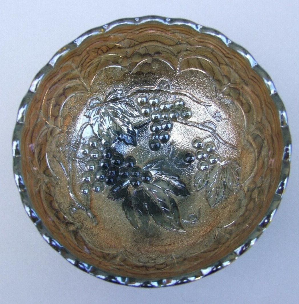 Green Carnival  Glass Small  Bowl with Grapes Pattern Vintage Collector 1920's