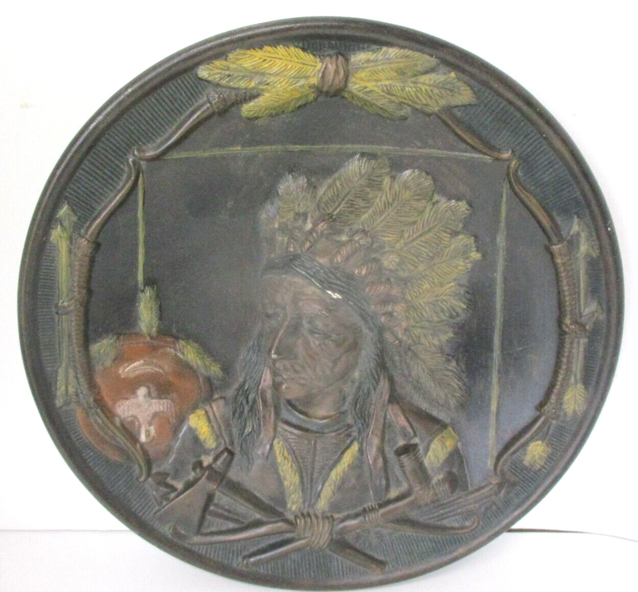 Vintage Native American Indian Chief Releif Plate Signed \
