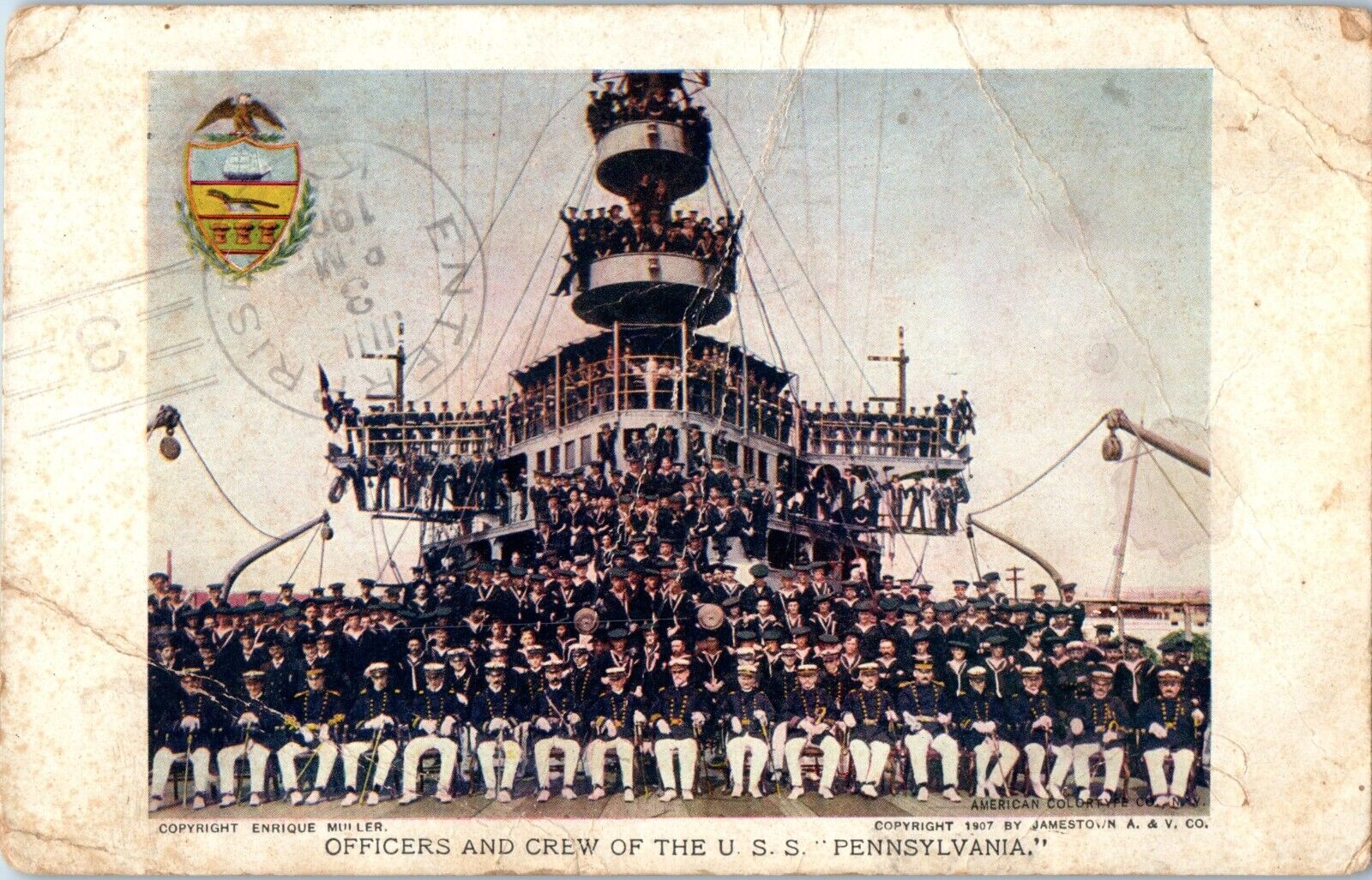 1907 Vintage Postcard Real Photo RPPC - Officers & Crew U.S.S. Pennsylvania NAVY