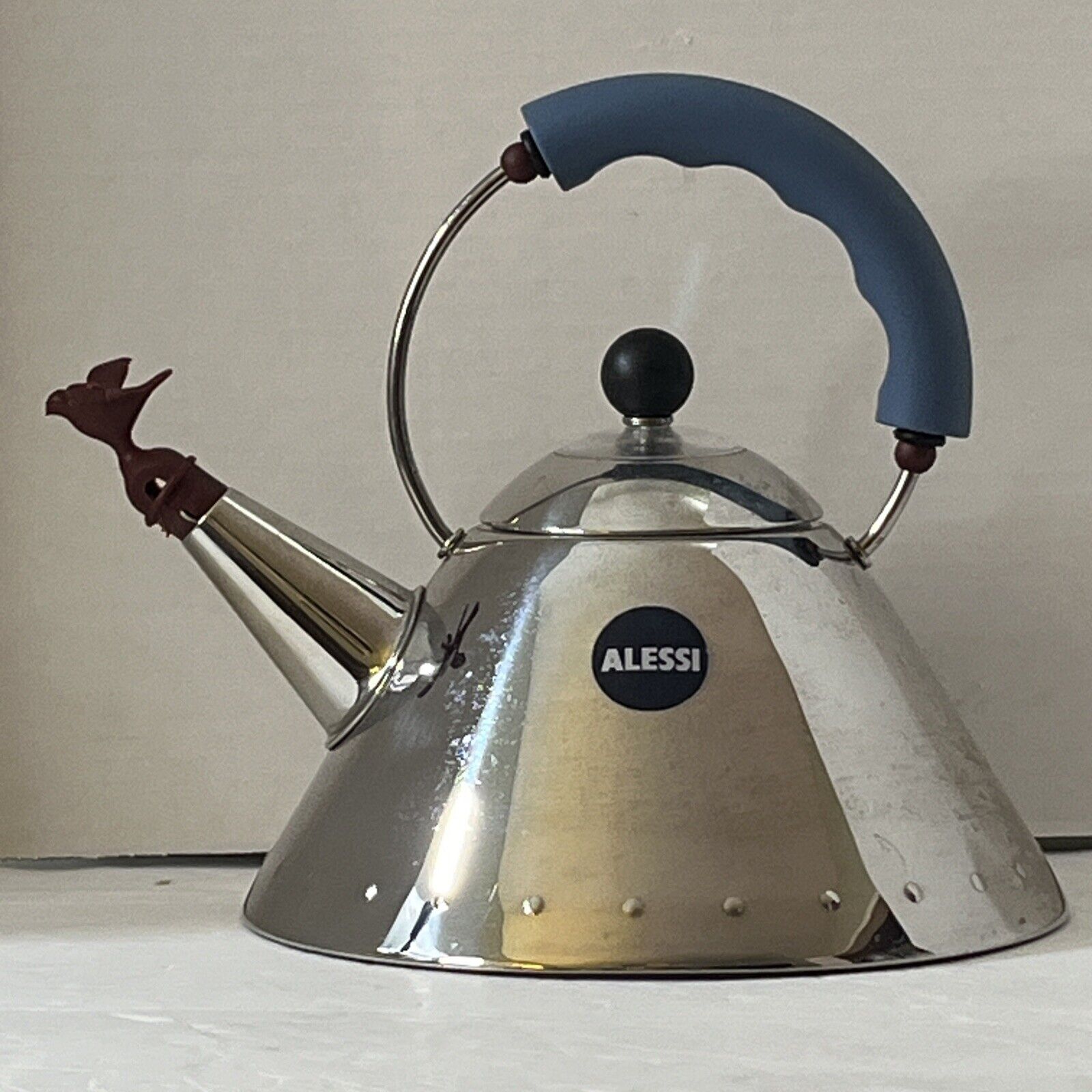 Vintage Alessi Italy Chrome Tea Kettle w blue Handle & Brown Whistling Bird READ