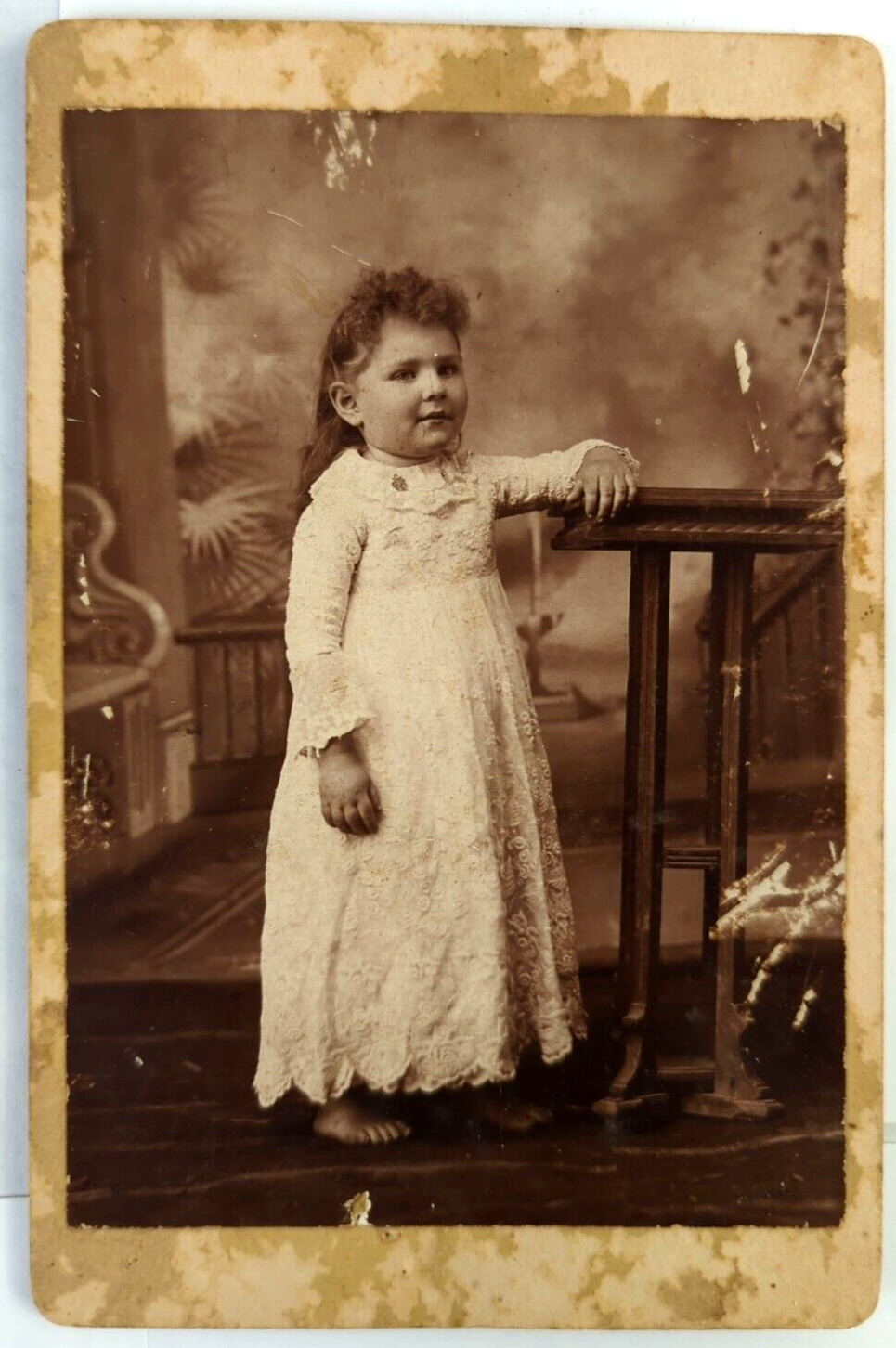 Vintage Photo 1910\'s, Young Girl, White Dress, Posed, No Shoes, Cardstock 4x6