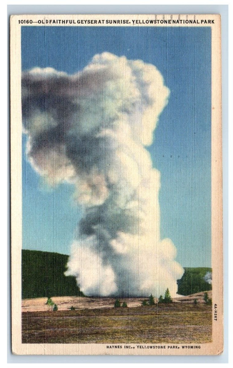 Yellowstone Wyoming Old Faithful Geyser at Sunrise Vintage Postcard Posted 1946