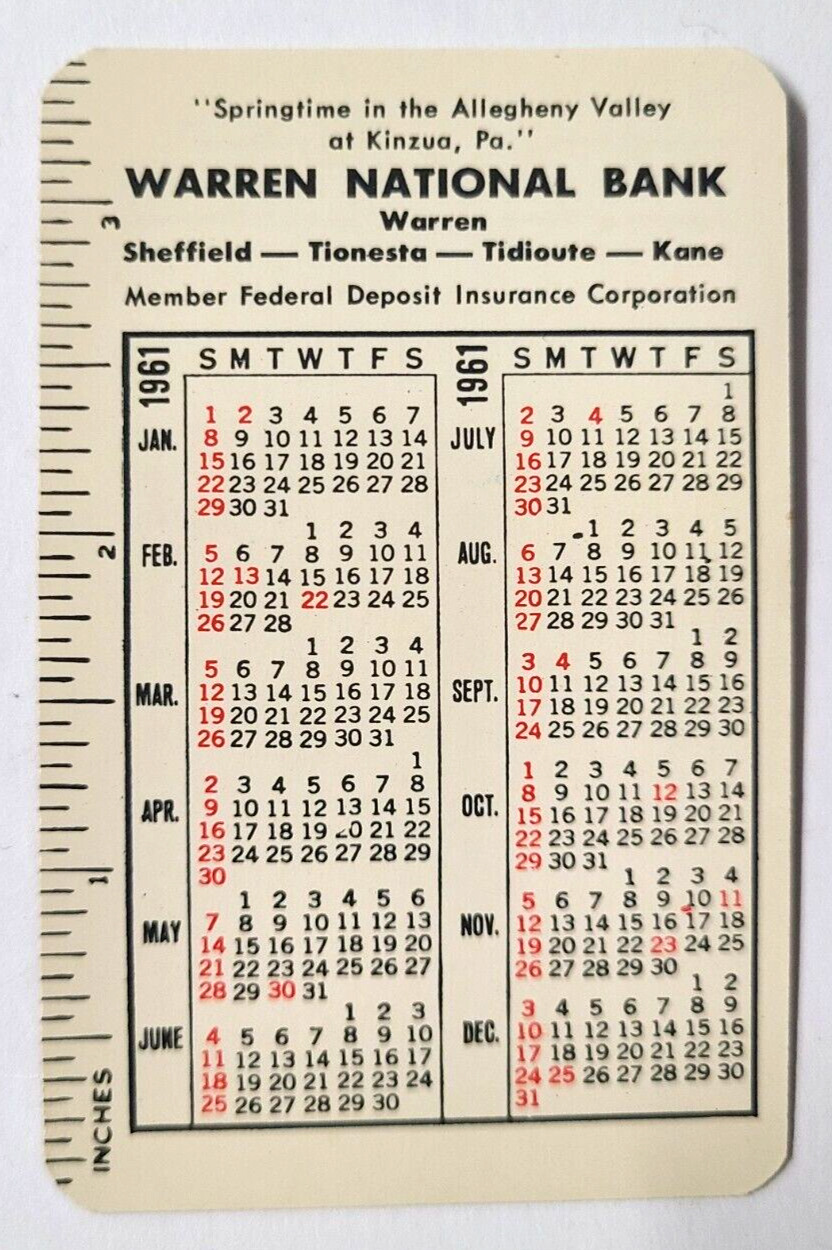 NOS 1961 Pocket Calendar Warren National Bank Allegheny Valley Kinzua, PA UNUSED