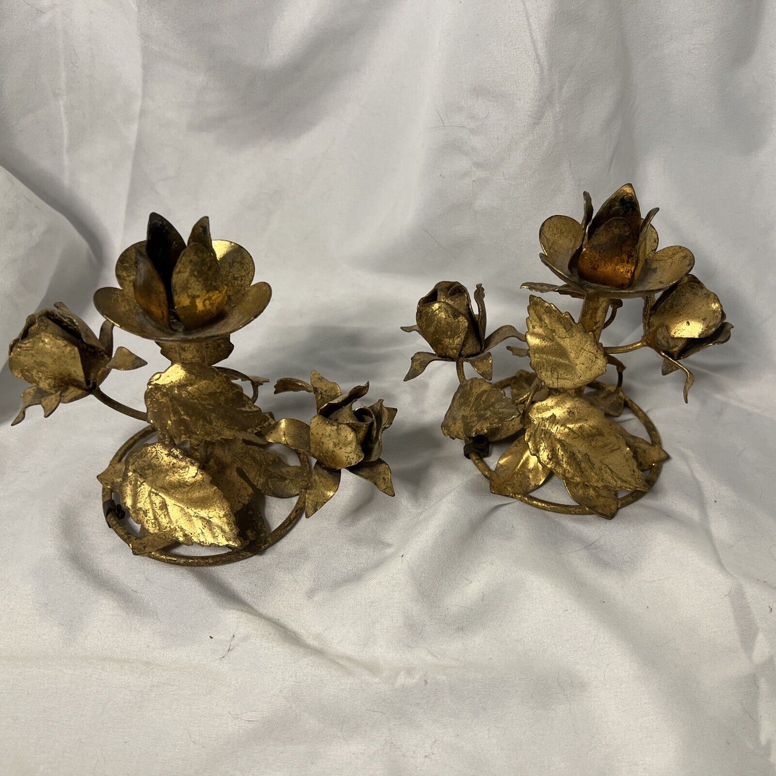 SALE Pair Vintage Italian Tole Gold Gilded Candle Holder Hollywood Regency Roses