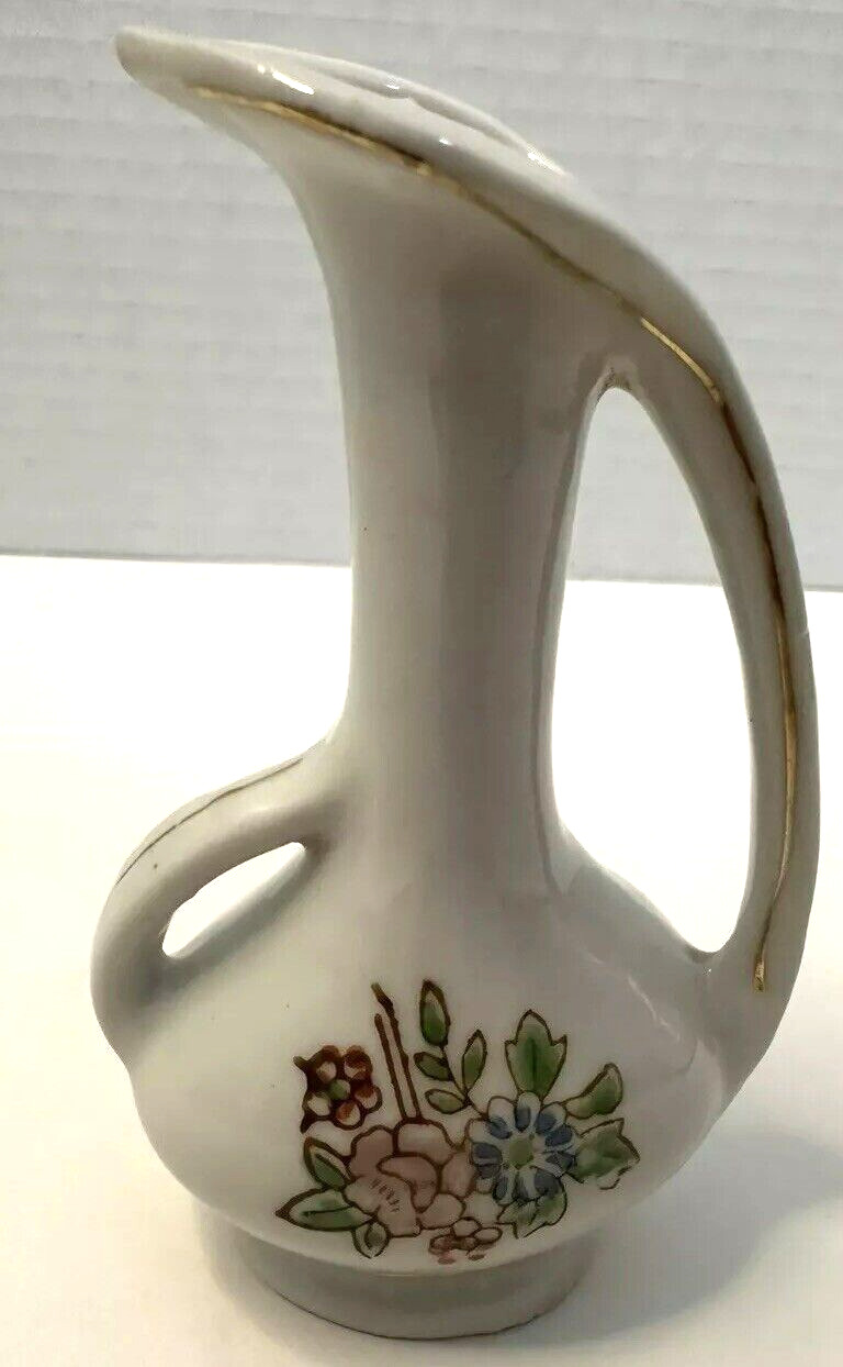 Vintage Miniature Porcelain Vase/Pitcher White w/Handpainted Flowers Japan 4\