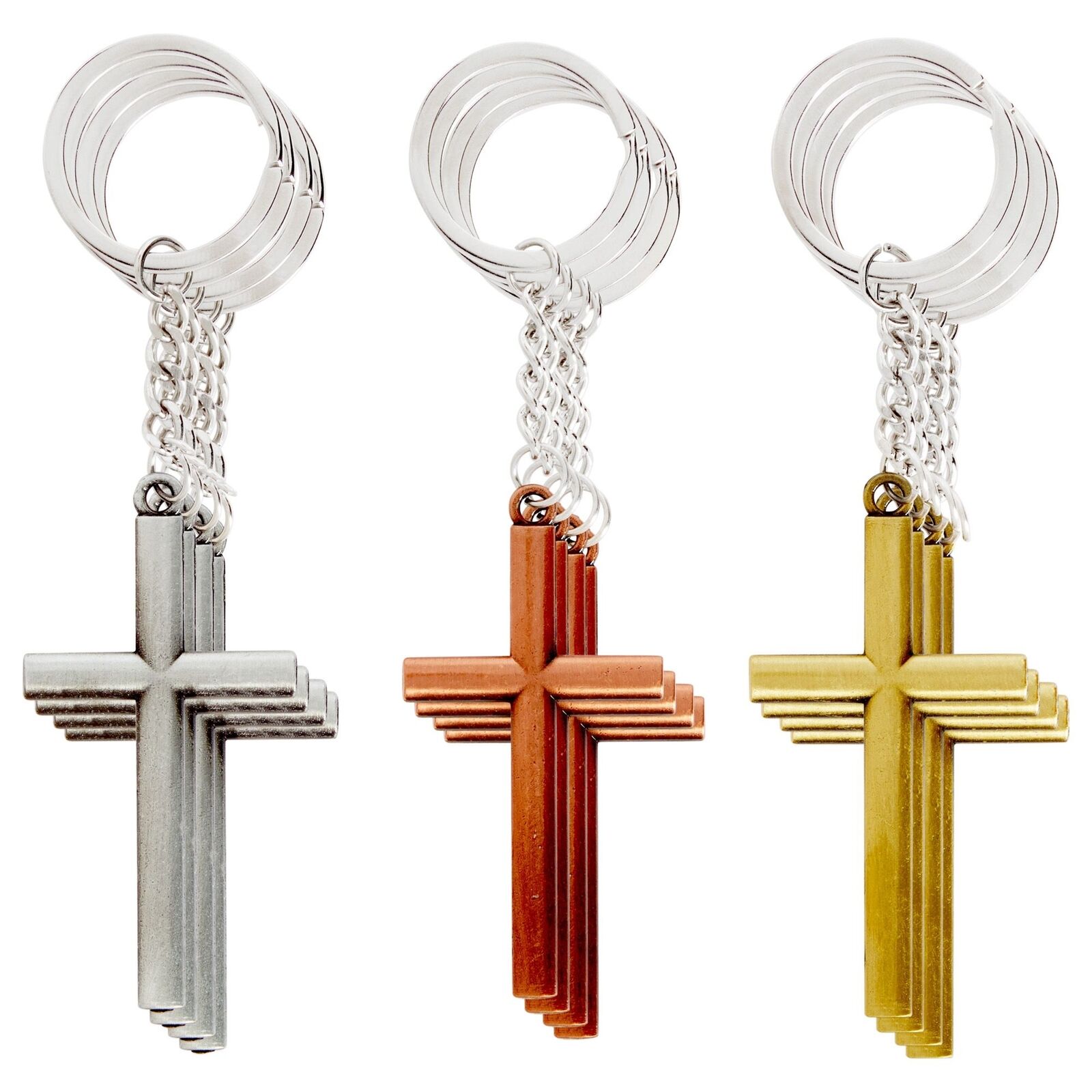 12 Pack Metal Cross Keychains, Jesus, Religious Key Rings, Silver, Copper, Gold