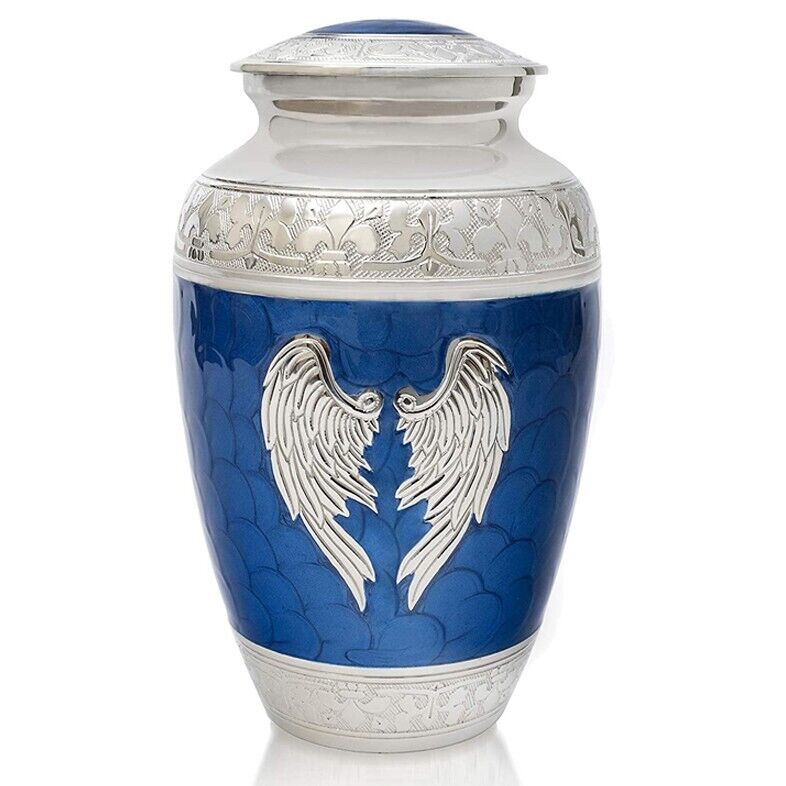Large Adult Blue Angle Wings Cremation Urn for Human Ashes with Free Velvet Bag