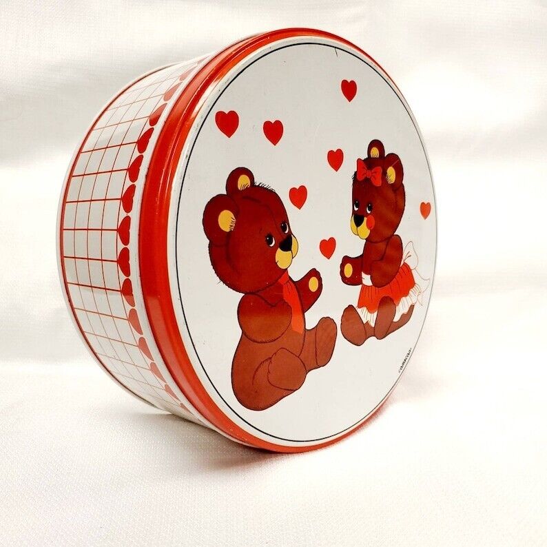 Vintage AMSCAN Teddy Bear Large Tin 1980s Rare Find Hearts Container Valentines