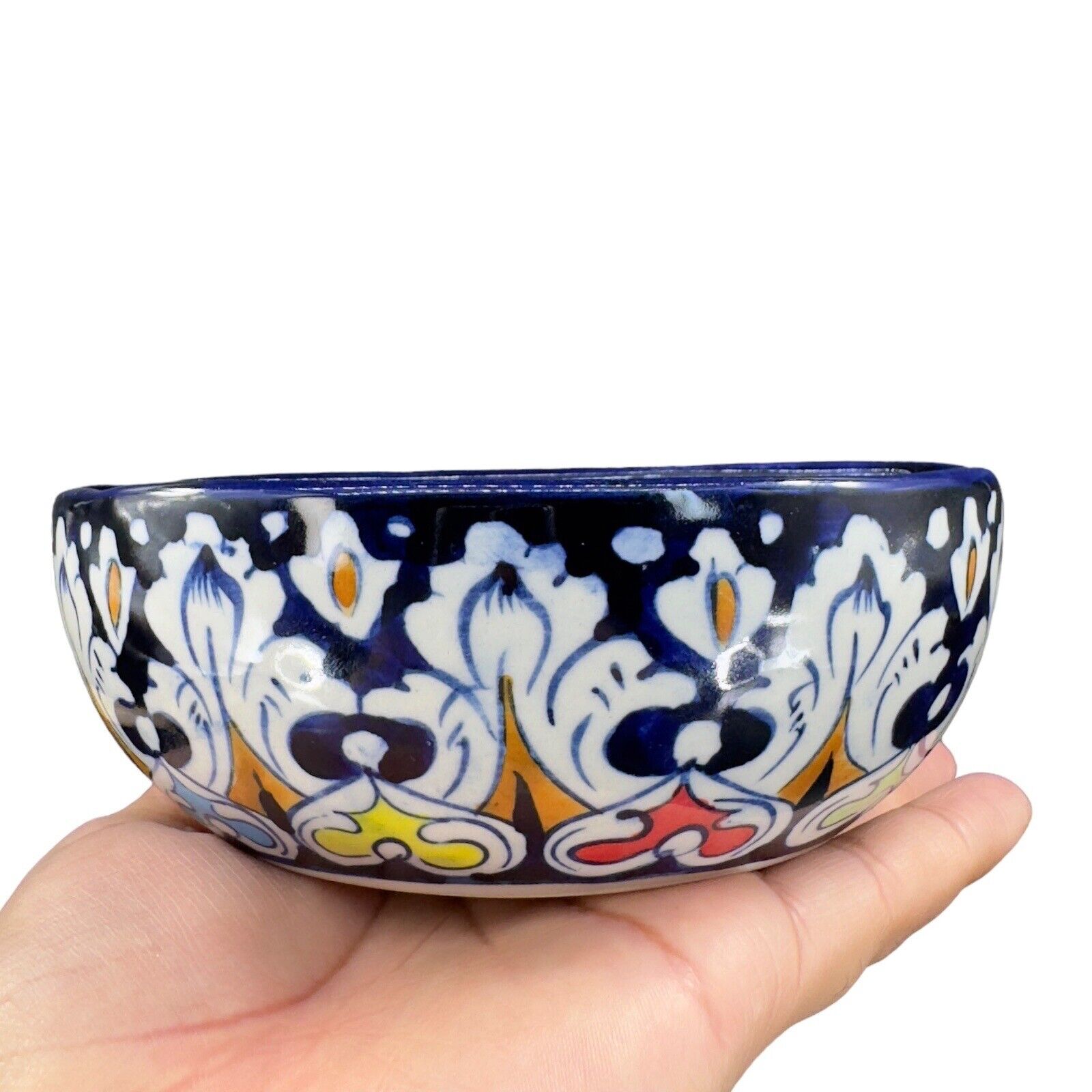 Hand Made Polish Pottery Dish Bowl Flat Side Colorful Pattern Hand Painted VTG
