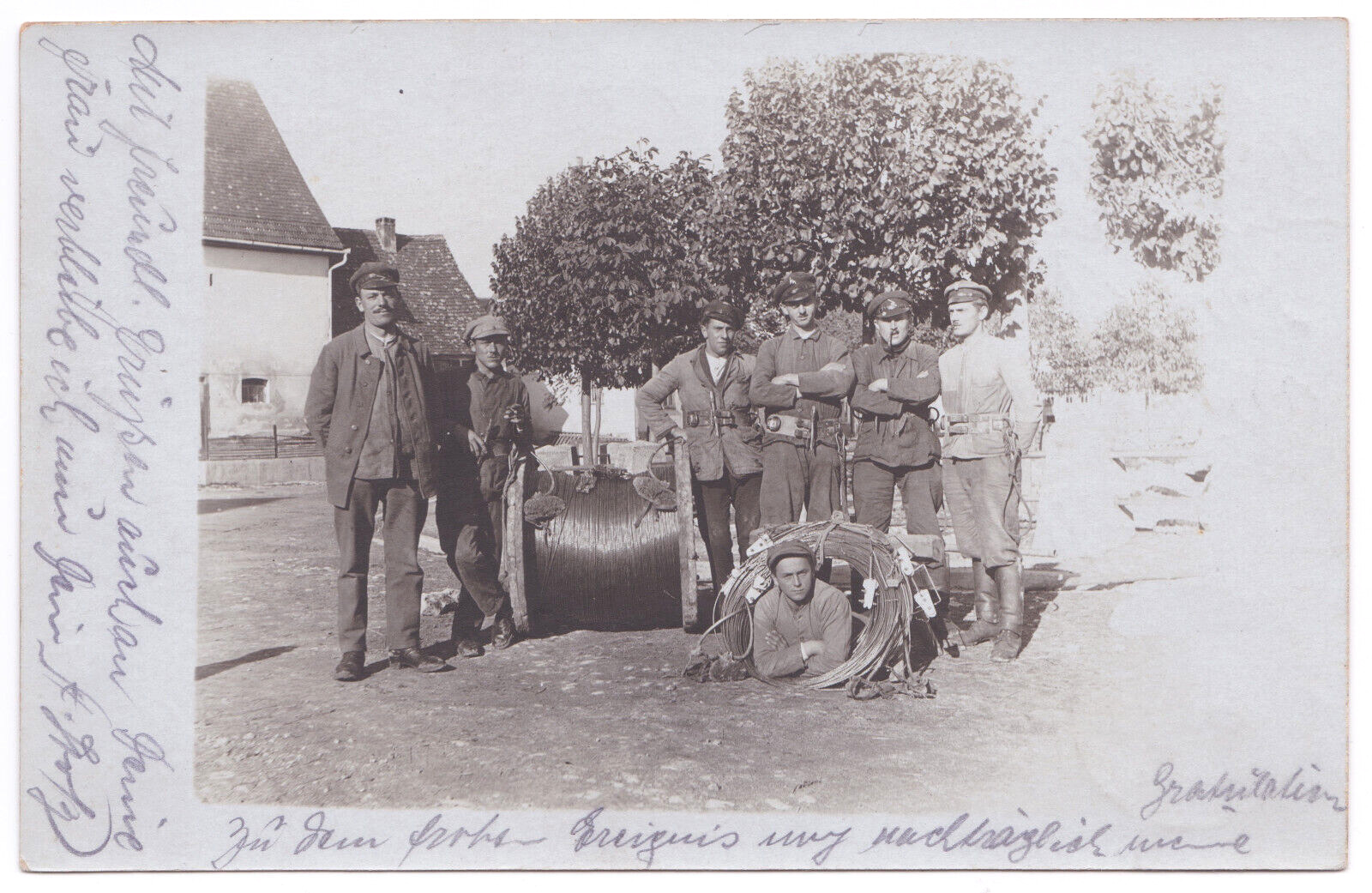 German Lineman Crew Occupation Electrical Cable Reel Coil c. 1922  RPPC Postcard