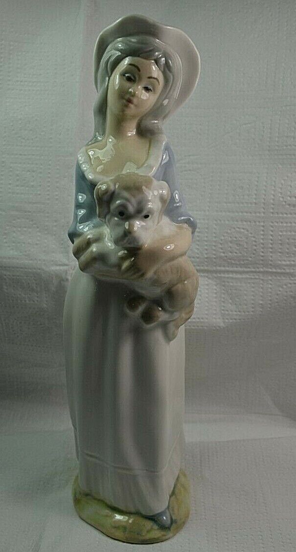 Lladro Style Tengra Lady Holding Puppy, Spanish Mastiff Figurine Spain Vintage
