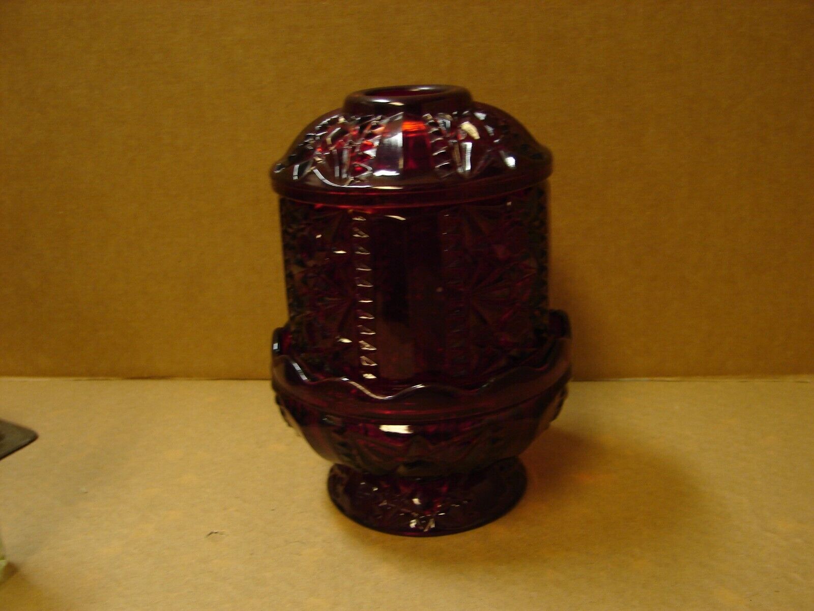 Vintage Ruby Red Flashed Fairy Lamp Light ~Indiana Glass ~ Stars & Bars Design