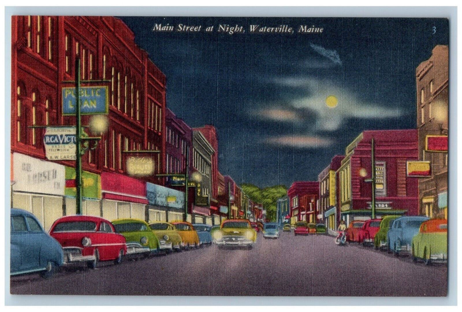 c1940's Radio Television, Main Street at Night Waterville Maine ME Postcard