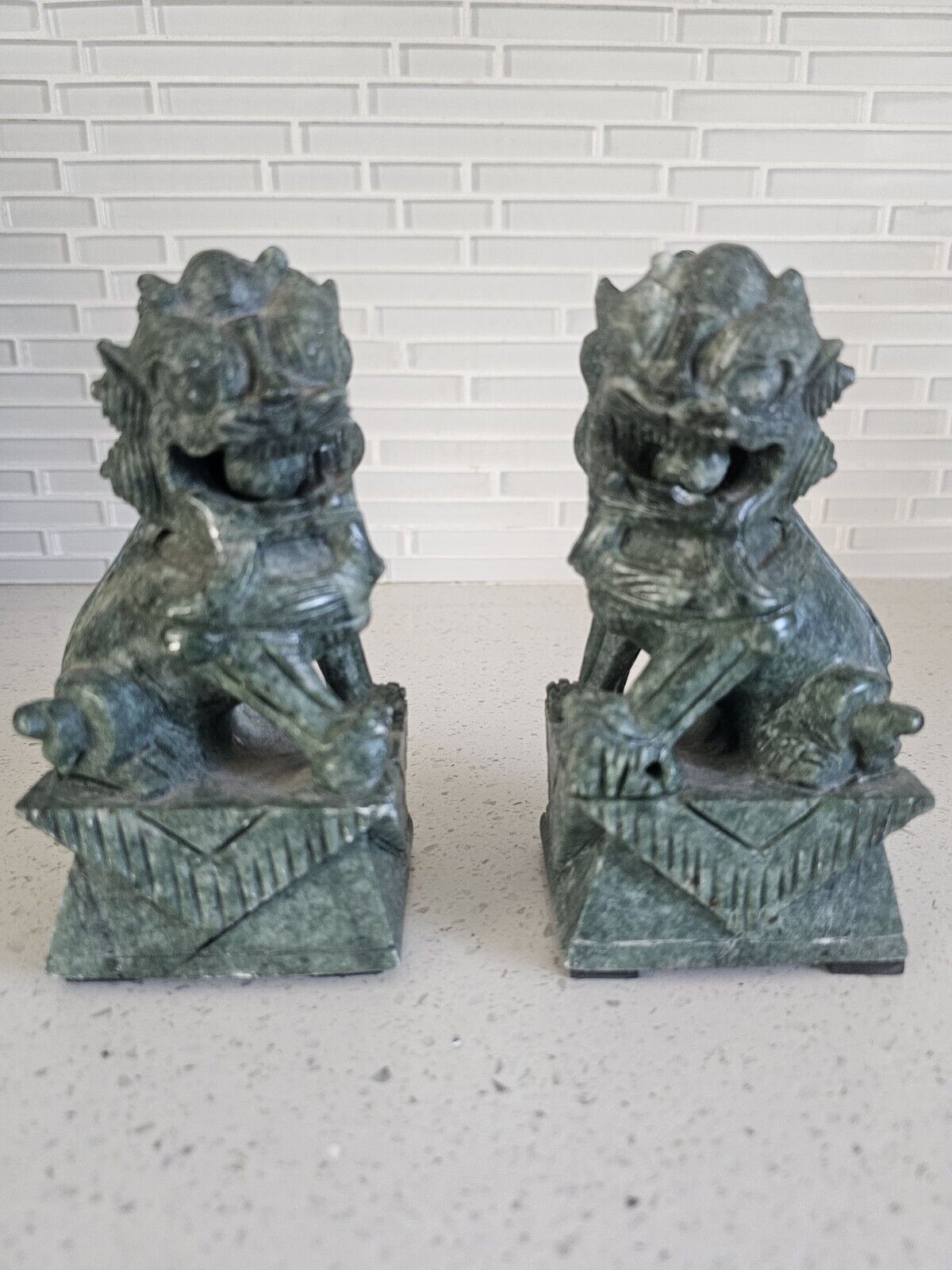 Chinese Jade Stone Carved Pair of Foo Dog Statues 6