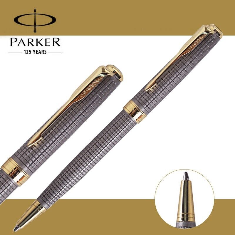 Parker Sonnet Ballpoint Pen Grey Grid Gold Clip With 0.5mm Fine Black Ink No Box