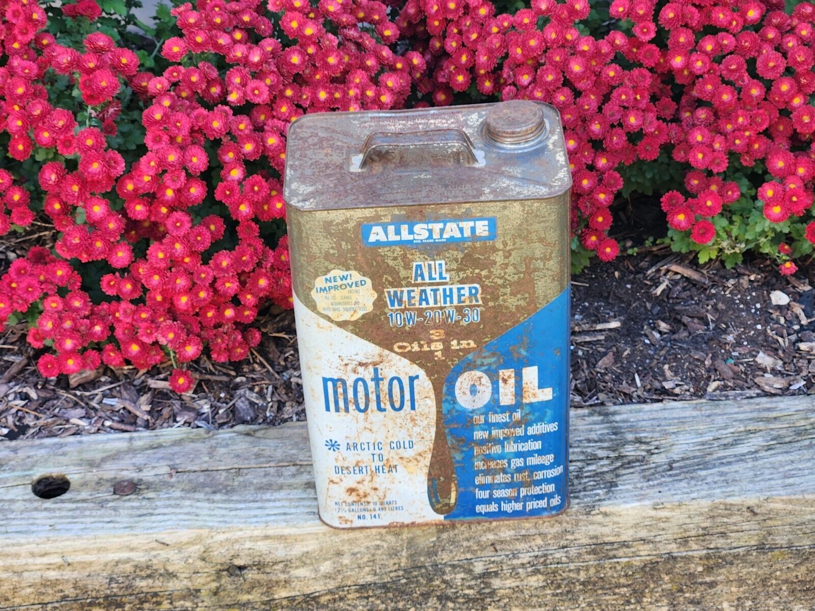 Vintage ALLSTATE Motor Oil Tin Can Advertising Empty 2.5 Gal 10 Qt Mancave As Is