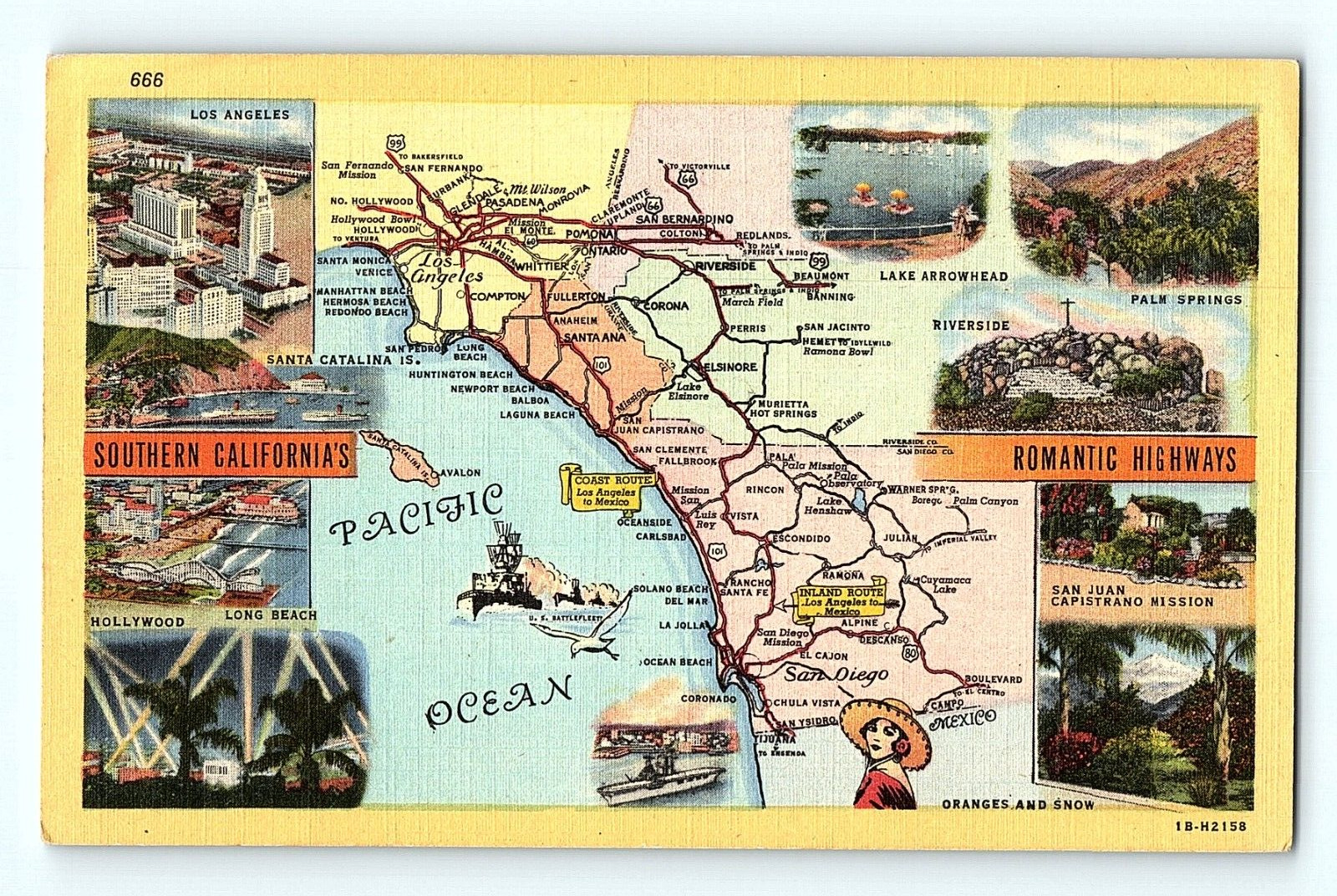 Southern California\'s Romantic Highways Map Vintage Postcard E1