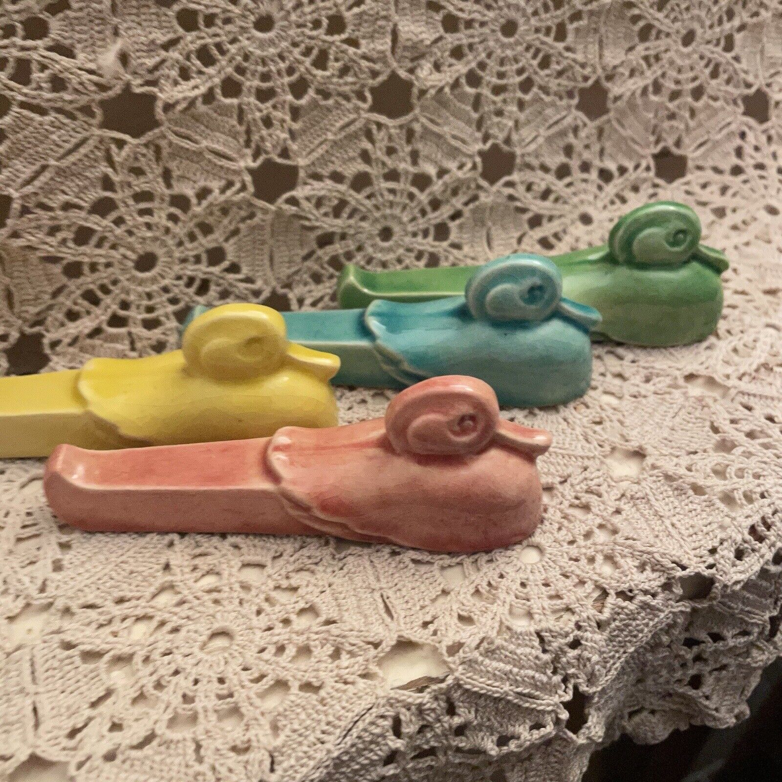French Art Deco knife rests Ducks Crackle Glaze Ceramic Antique Set 4