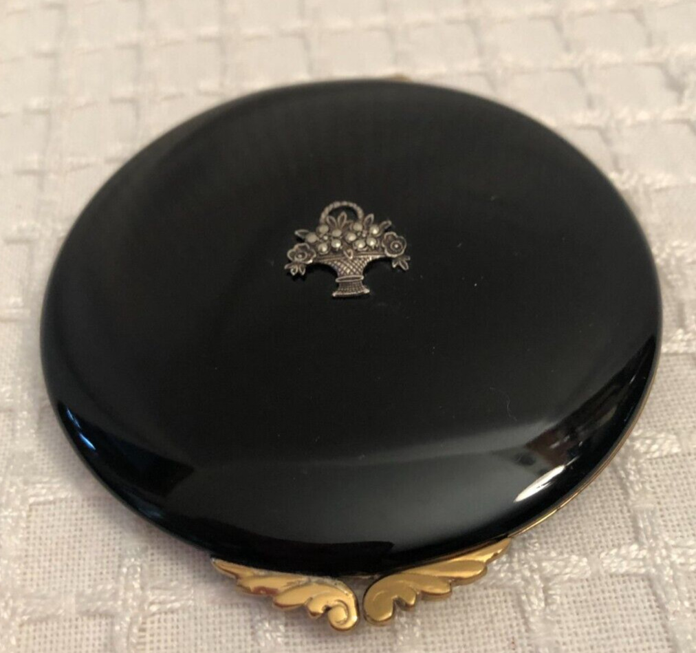Vintage Black ‘Enamel’ Compact with Rhinestones in a Basket Medallion