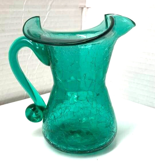 Rainbow Glass Co Crackle Glass Pitcher Ruffled Rim Blown  Green Vase pontil Mark