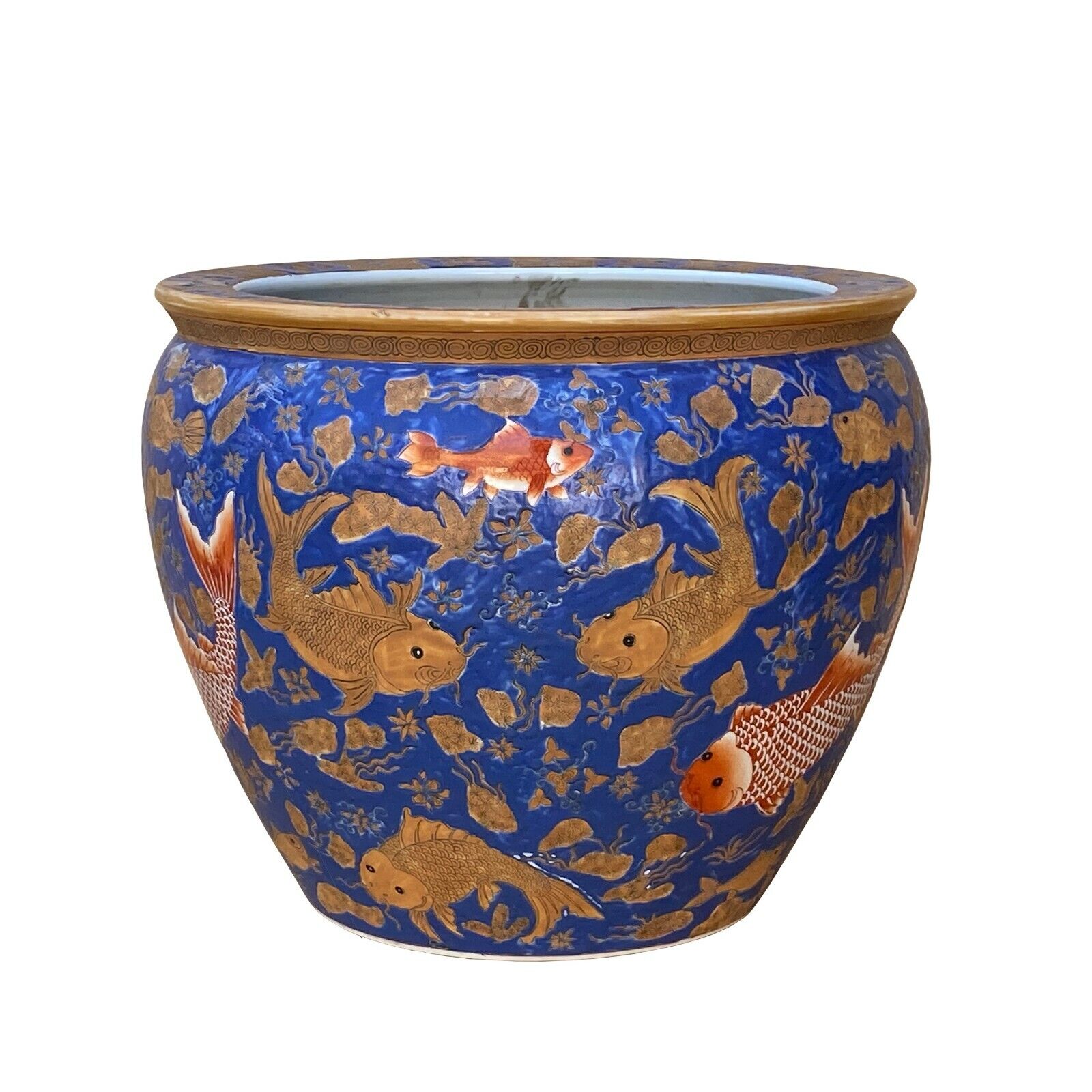 Chinese Oriental Vintage Porcelain Blue Golden Fishes Graphic Pot ws1631