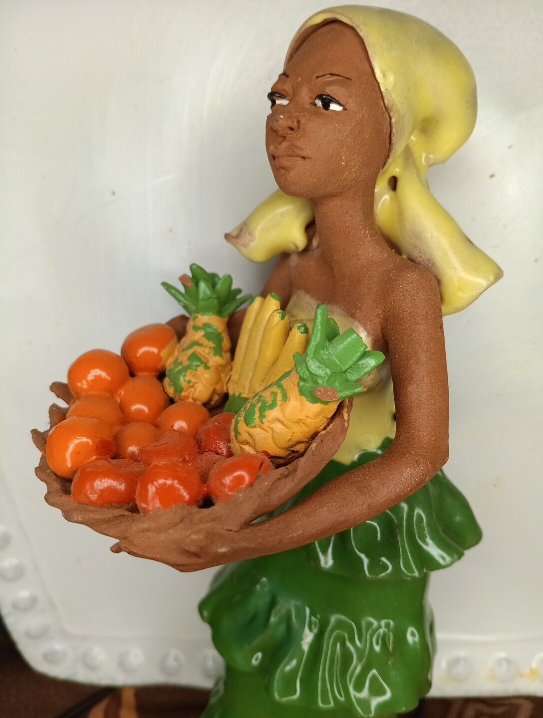 Folk Art Pottery Jamaican Creole Woman Fruit Basket Red Clay Glazed Sculpture